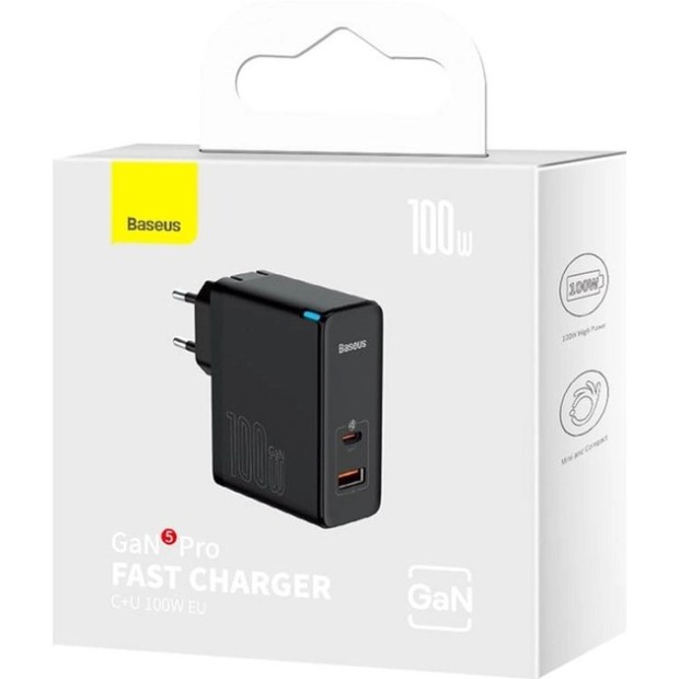 Baseus GaN5 Pro 100W Adapter (Type-C  /  USB) + Type-C to Type-C Cable (Black) CCGP090201
